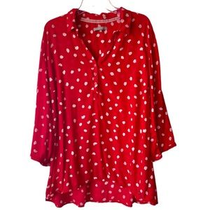 Cecil Red Polka Dot Lightweight Flowy Blouse w Roll Tab Sleeves Size XXL
